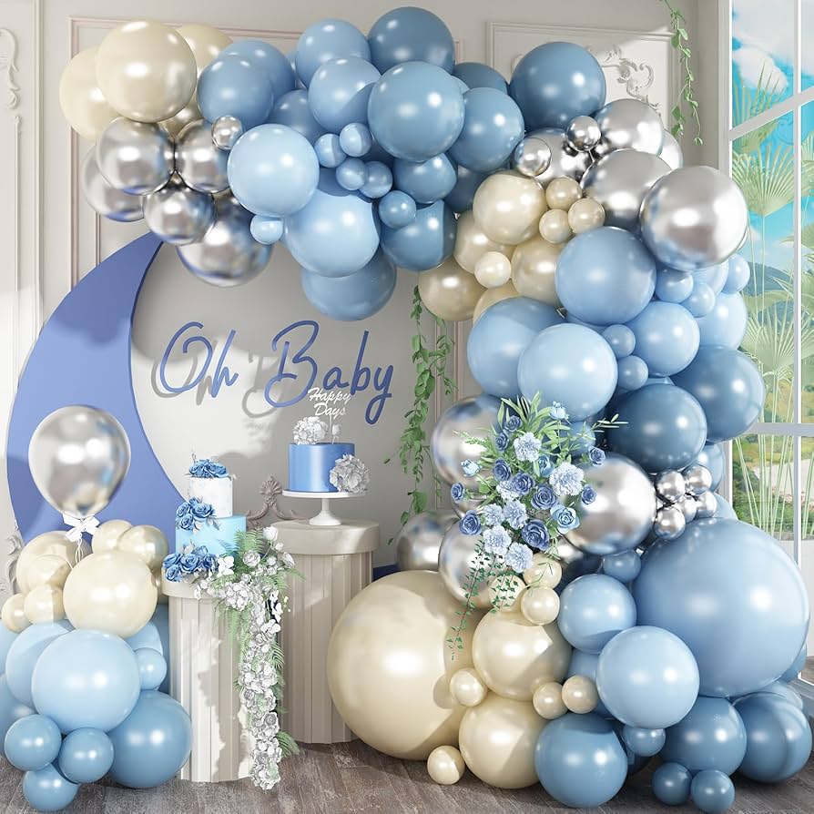 Dusty Blue, White, and Silver balloon backdrop